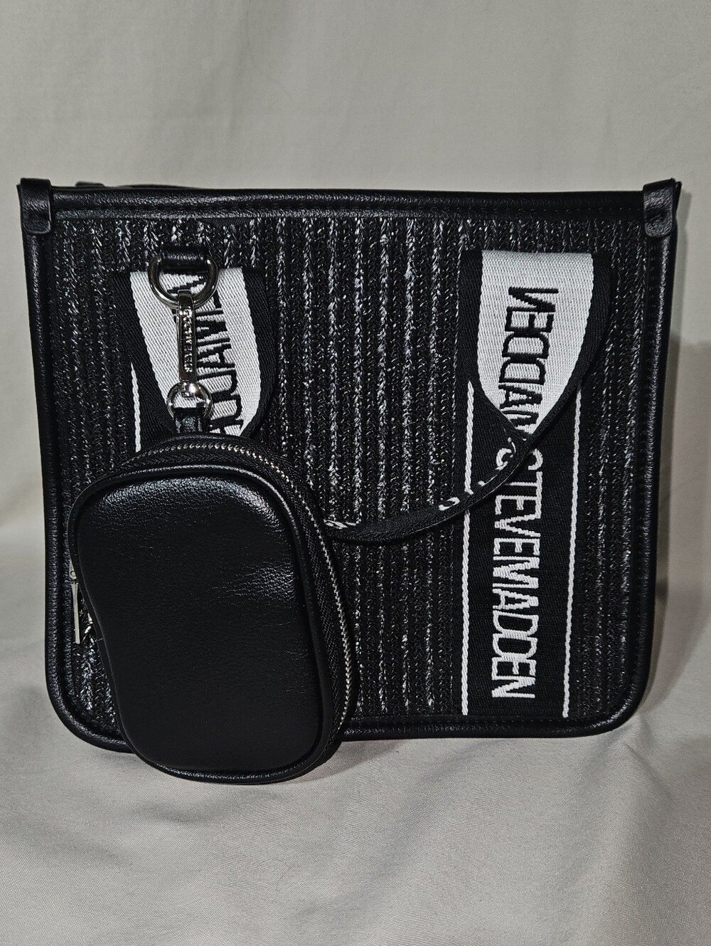 Steve Madden Black Woven Crossbody Bag with Logo Strap